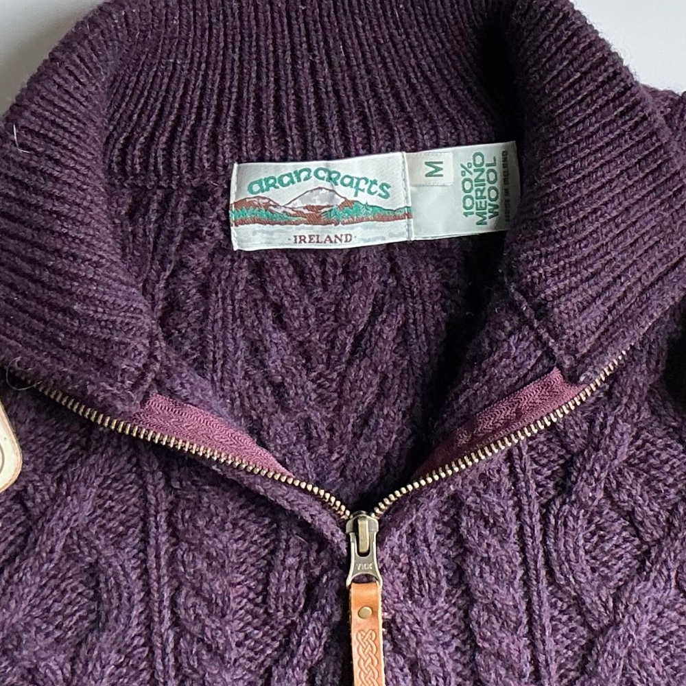 Aran Crafts aubergine Color 1/4 zip Merino wool pullover Sz M made Ireland 🇮🇪 - Picture 2 of 9